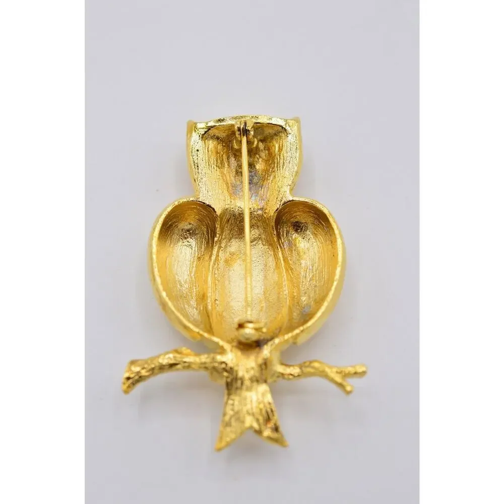 Vintage Wise Owl Pin Brooch Brushed Gold Textured Chunky Figural 80s 1980s BinJ